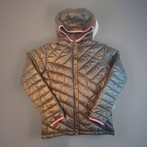 Columbia Women's Insulated Puffer Jacket Hooded Gray Pink Trim Size L